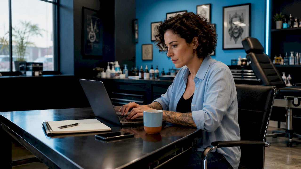 Tattoo studio manager reviewing booking sources