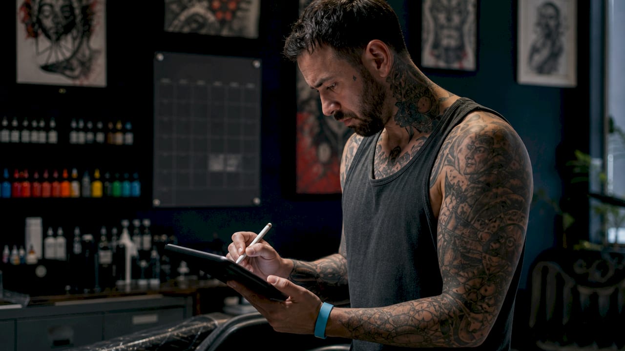 Tattoo artist using tablet for booking tracking