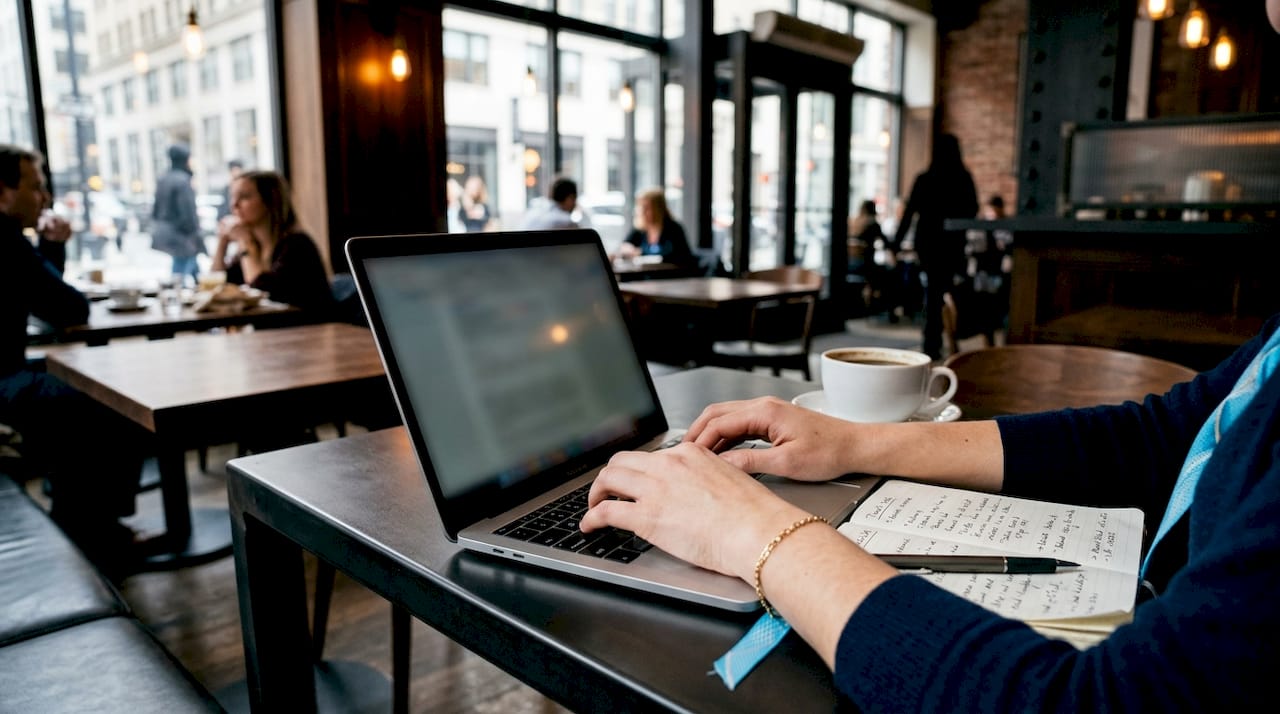Hands typing laptop next to booking confirmation paper