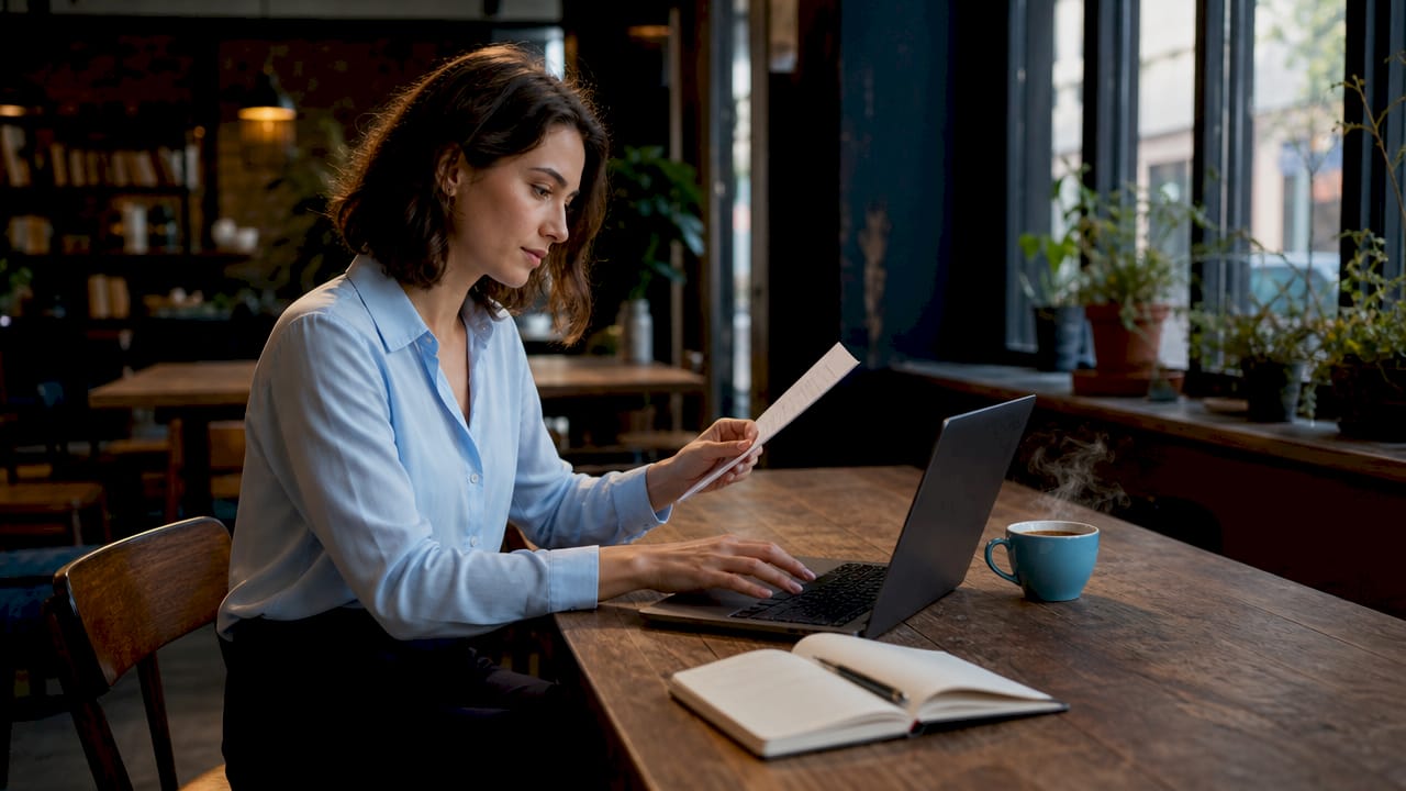 Woman reviewing booking confirmation at home office