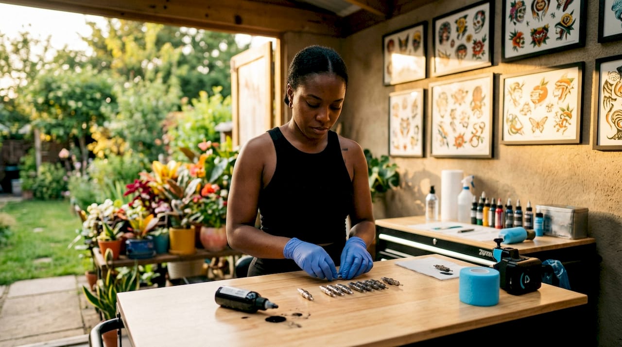 Tattoo artist preparing sterilized equipment in studio