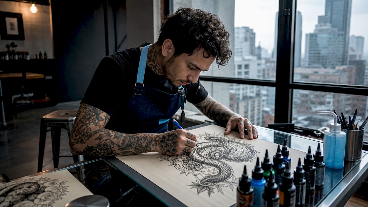 Tattoo artist sketching snake design