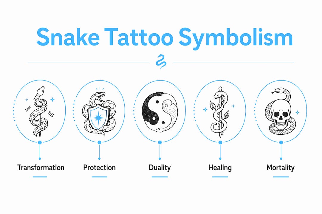 Infographic summarizing snake tattoo symbolic meanings