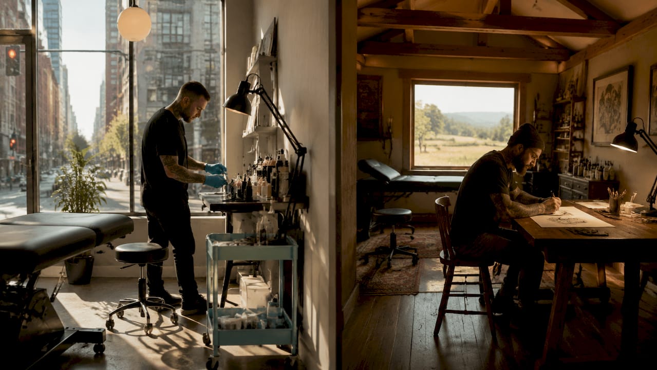 Contrast of urban and rural tattoo shops