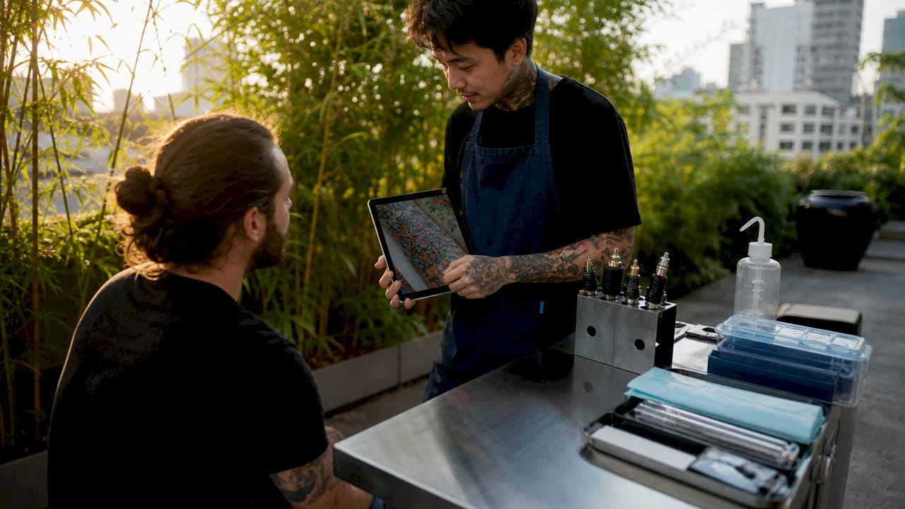 Tattoo artist consulting client on pricing