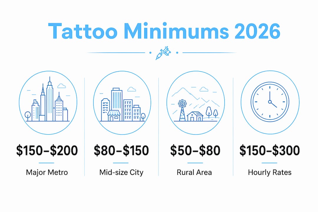 Infographic showing regional minimum tattoo prices 2026