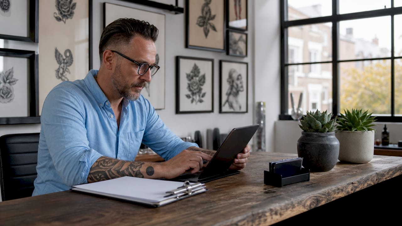 Tattoo artist managing appointments on tablet