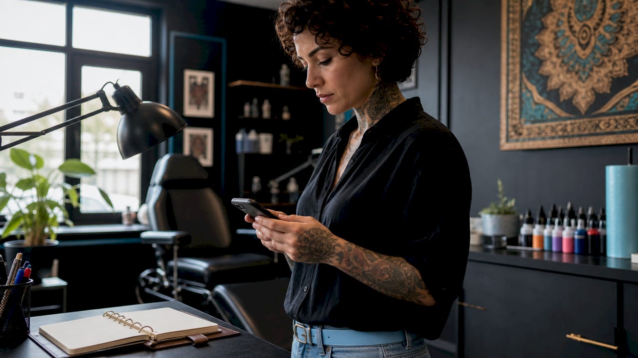 Hands sending tattoo booking confirmation via phone