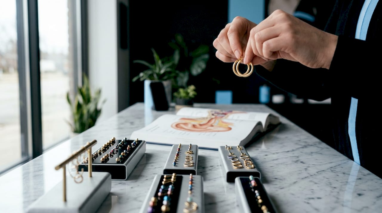 Hands holding helix earring by ear anatomy book