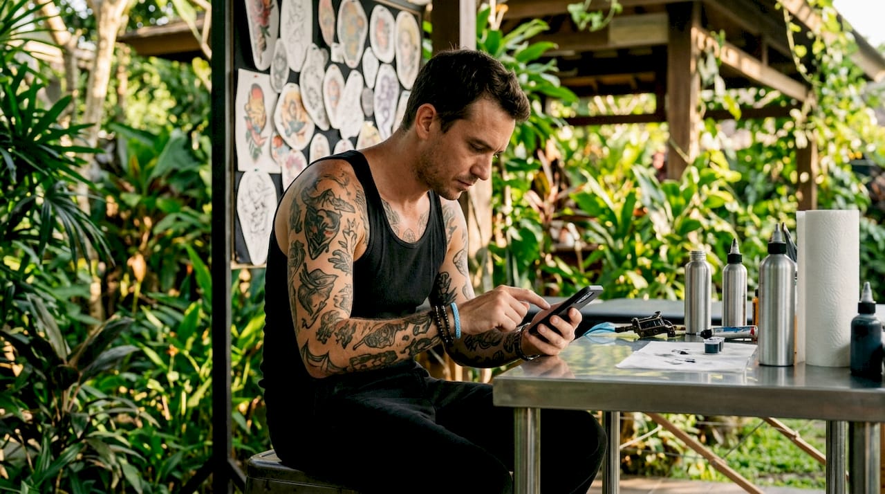 Tattoo artist managing booking workflow on phone