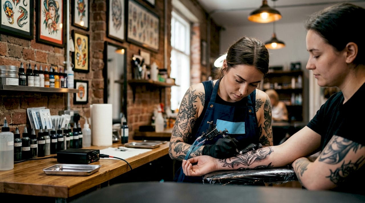 Tattoo artist shading client's forearm tattoo