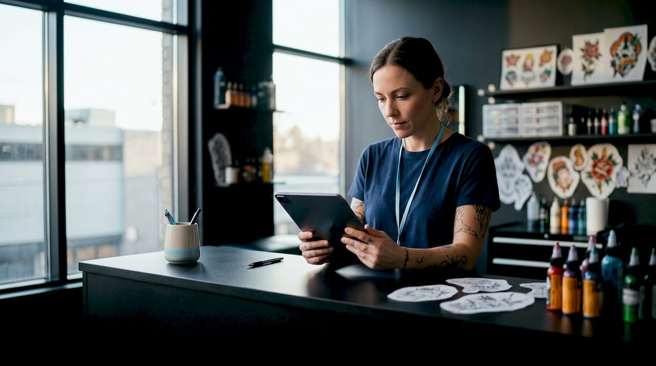Tattoo studio manager reviewing booking calendar on tablet