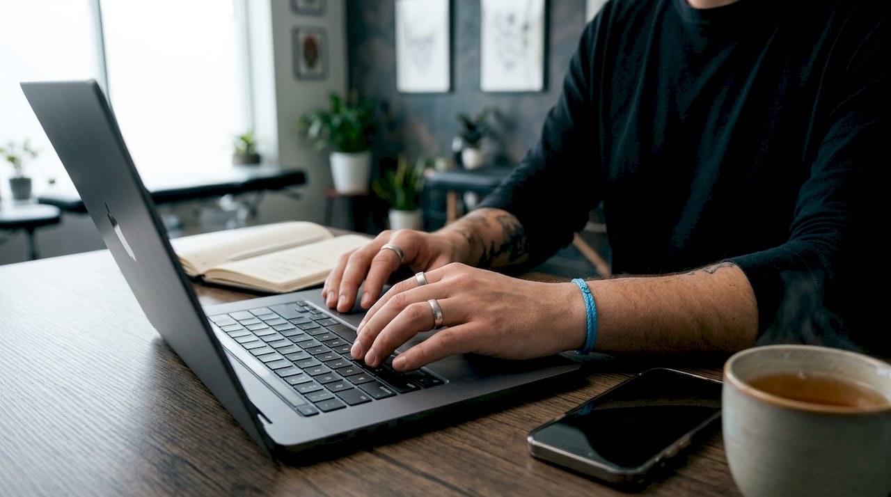 Tattoo artist hands scheduling appointments on laptop