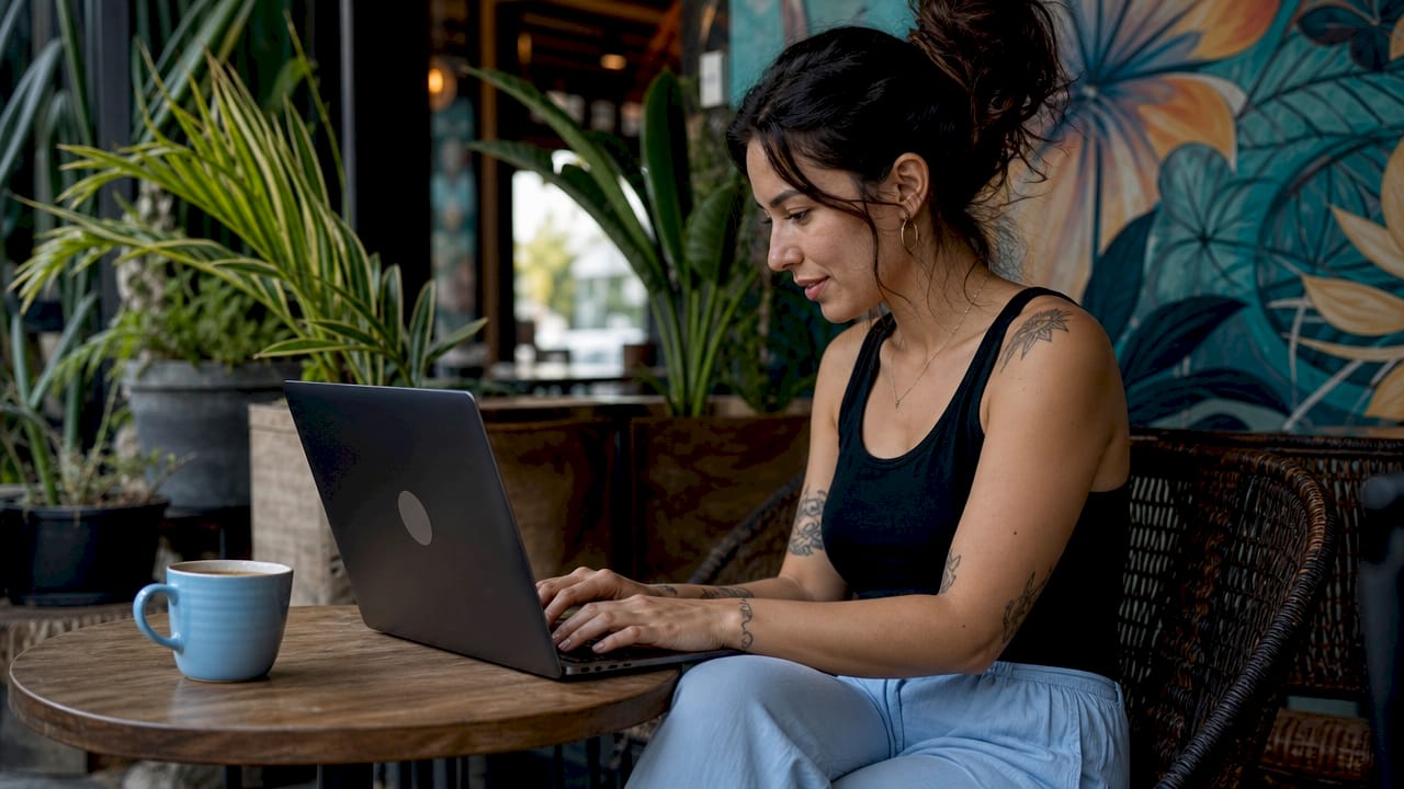 Client browsing tattoo photo gallery on laptop
