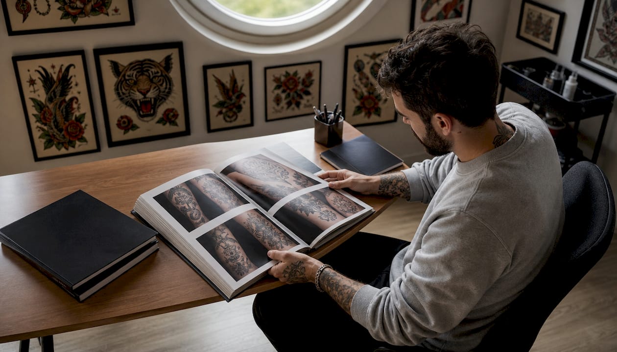 Tattoo artist reviewing printed portfolio in studio