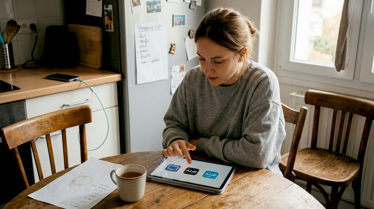 Assise à la table de sa cuisine, une femme parcourt les options pour choisir l’application IPTV qui lui convient le mieux.