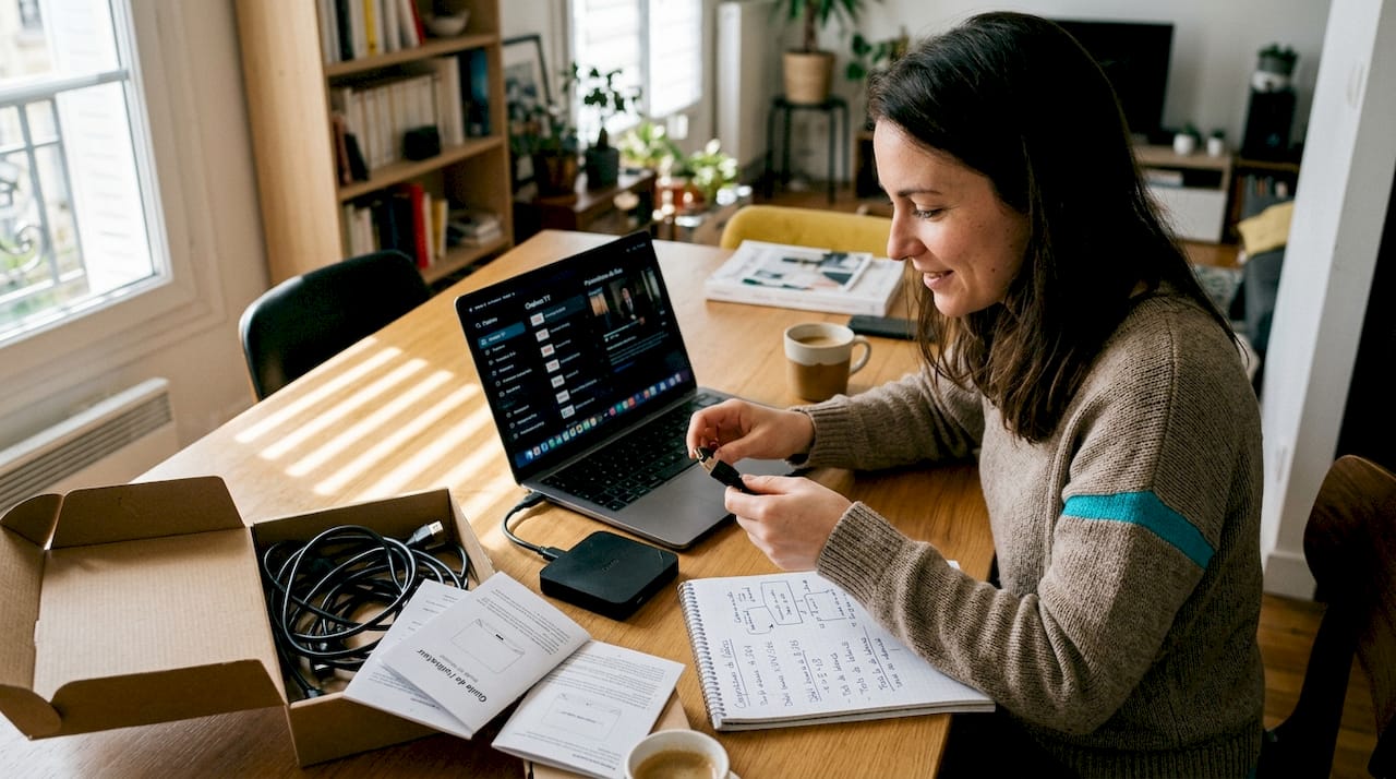 Assise à sa table de salle à manger, une femme analyse et compare différents codecs IPTV, concentrée sur son écran et prenant des notes pour faire le bon choix.