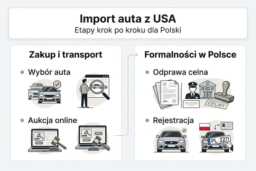 Infografika: krok po kroku – jak przebiega import auta z USA do Polski