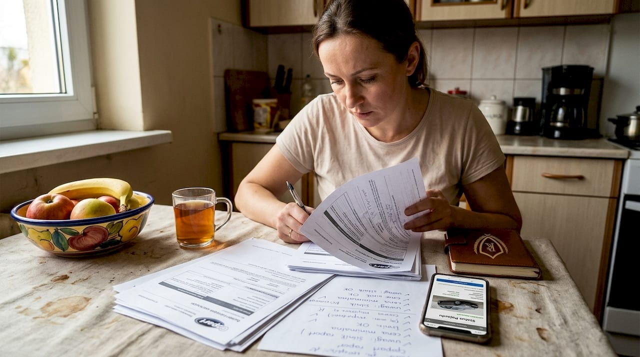 Kobieta przegląda dokumenty i sprawdza, czy wszystko w porządku z autem.