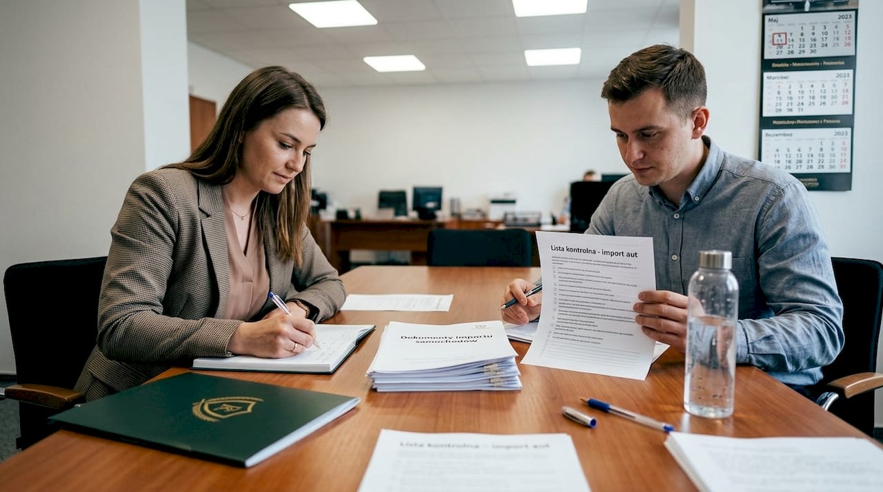 Klienci konsultują szczegóły sprowadzenia samochodu podczas spotkania w biurze pośrednika.