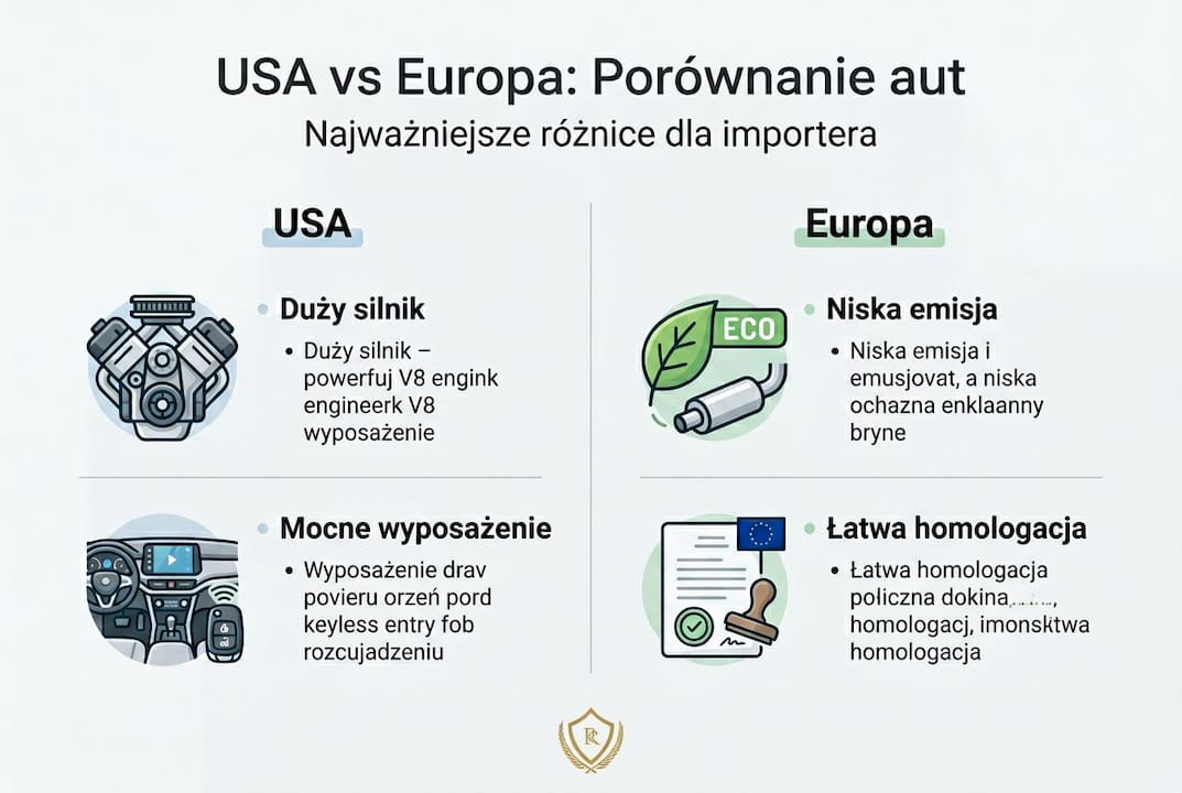Porównanie samochodów amerykańskich i europejskich w formie infografiki