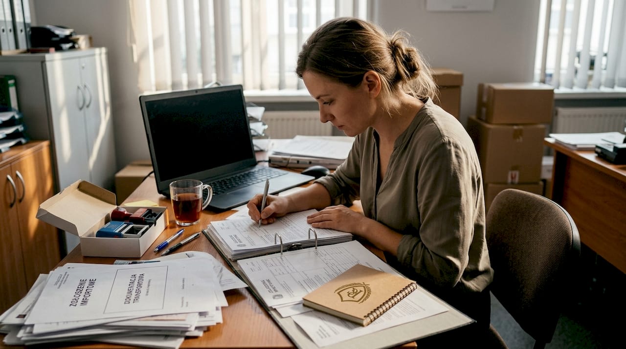 W biurze agentka celna zajmuje się formalnościami związanymi z importem samochodu.