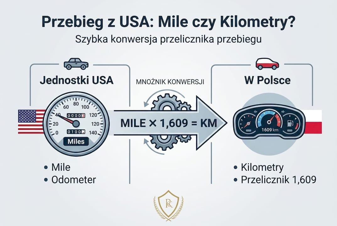 Infografika pokazująca, jak przeliczyć przebieg samochodu z mil na kilometry