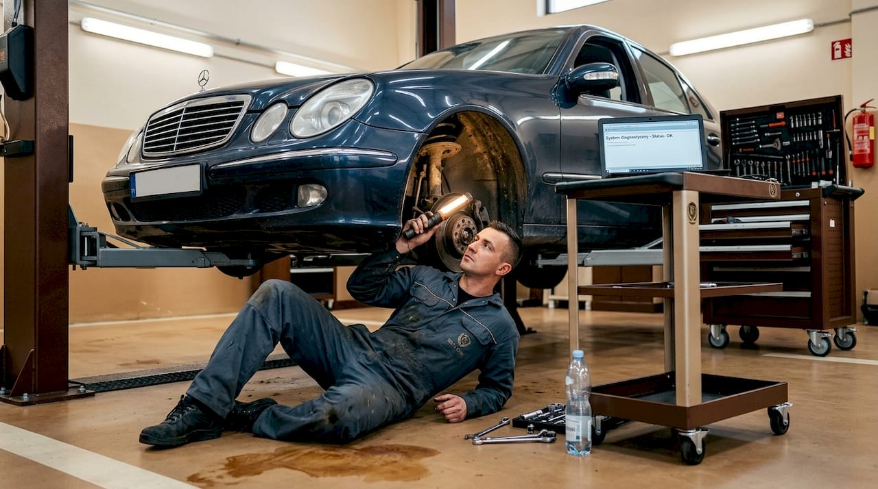 Mechanik dokładnie sprawdza sprowadzony samochód w swoim warsztacie.