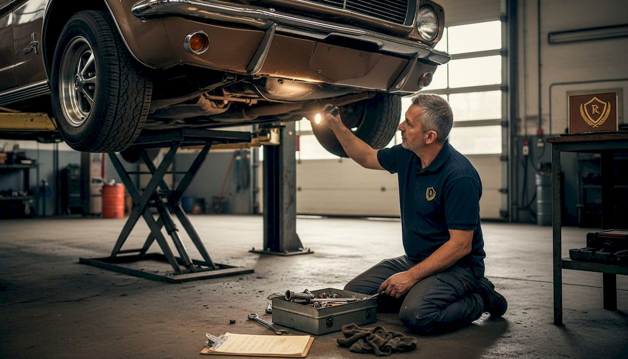 Mechanik dokładnie sprawdza używane auto ze Stanów w warsztacie.