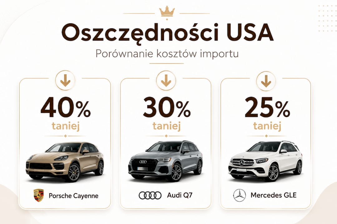Przejrzysta infografika przedstawiająca, ile można zaoszczędzić, sprowadzając samochody klasy premium z zagranicy.