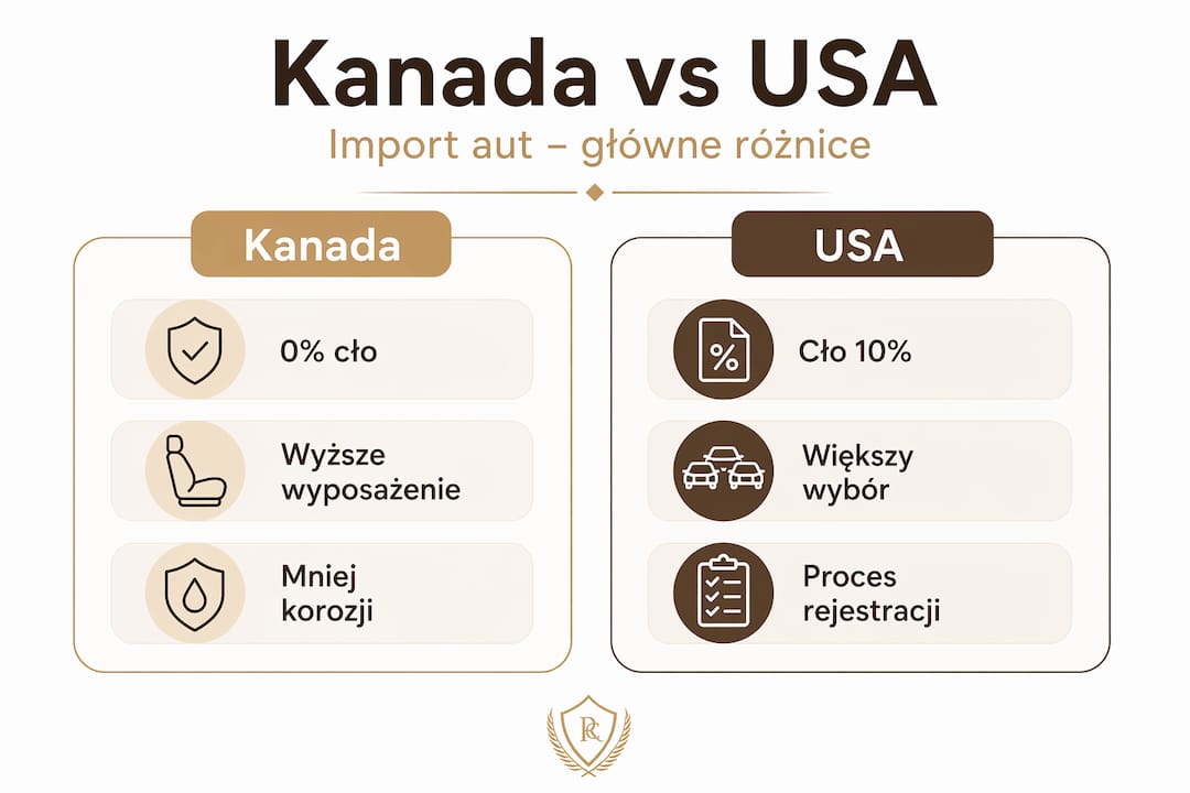Porównawcza infografika pokazująca różnice w imporcie samochodów z USA i Kanady