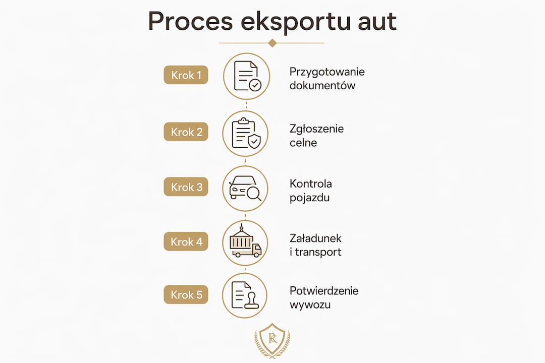 Infografika przedstawiająca etapy procesu eksportu samochodów