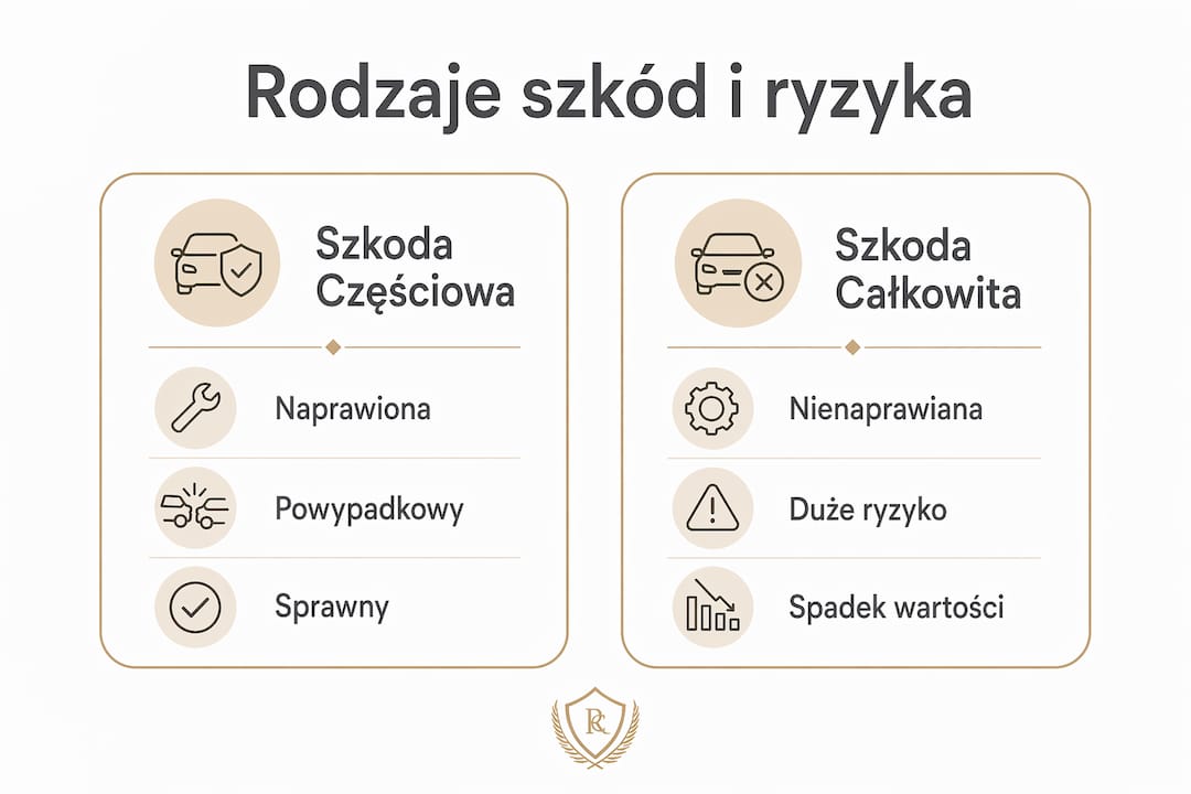 Infografika pokazująca, jakie uszkodzenia auta mogą wystąpić i z jakim ryzykiem musi się liczyć kupujący samochód.