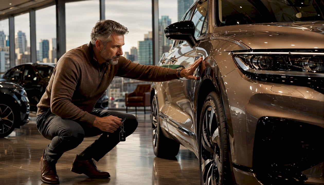 Mężczyzna ogląda luksusowego SUV-a z napędem hybrydowym w salonie samochodowym.