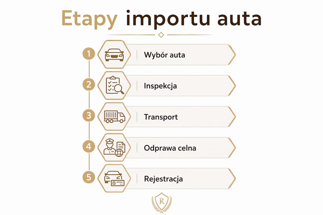 Infografika przedstawiająca krok po kroku, jak wygląda import samochodu z Dubaju do Polski