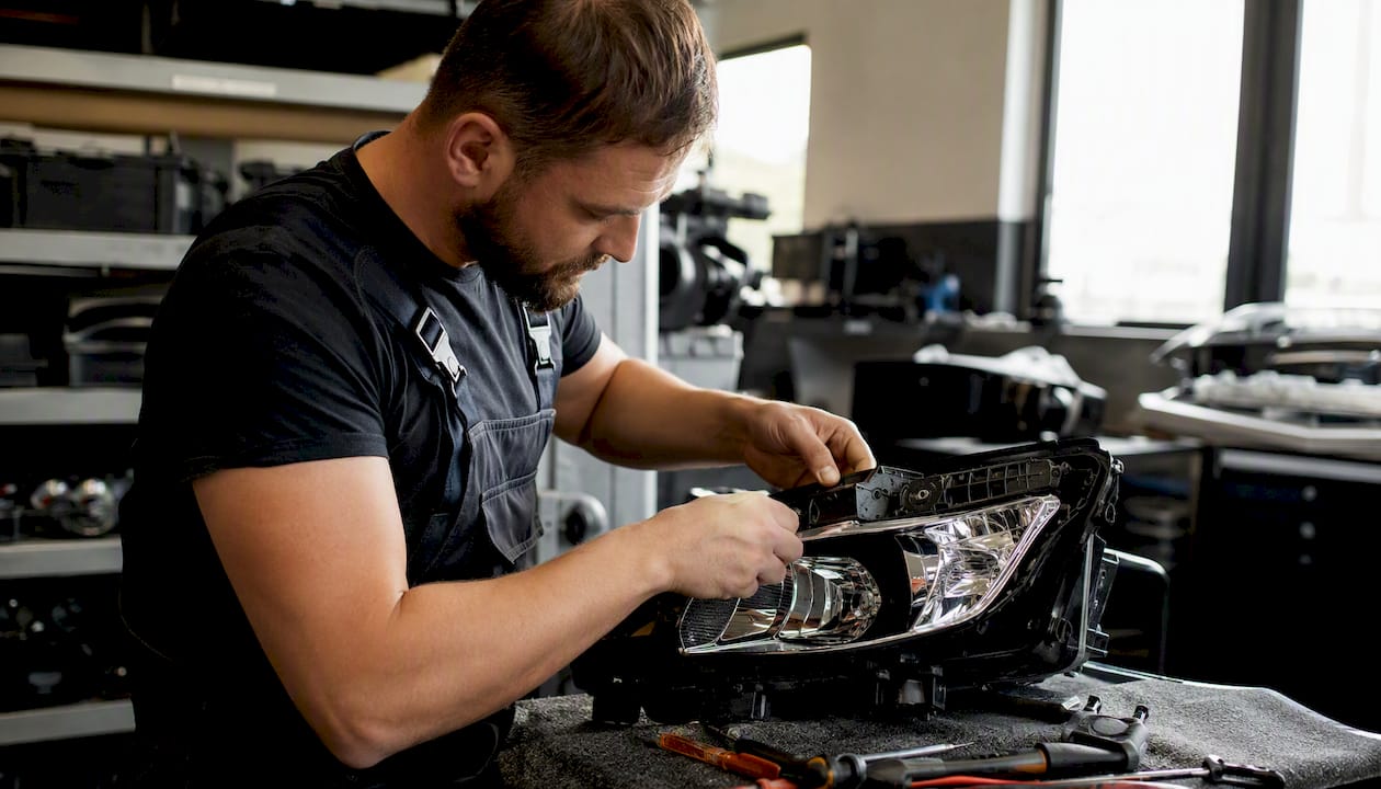 Mechanik montuje nową część w samochodzie na warsztacie.