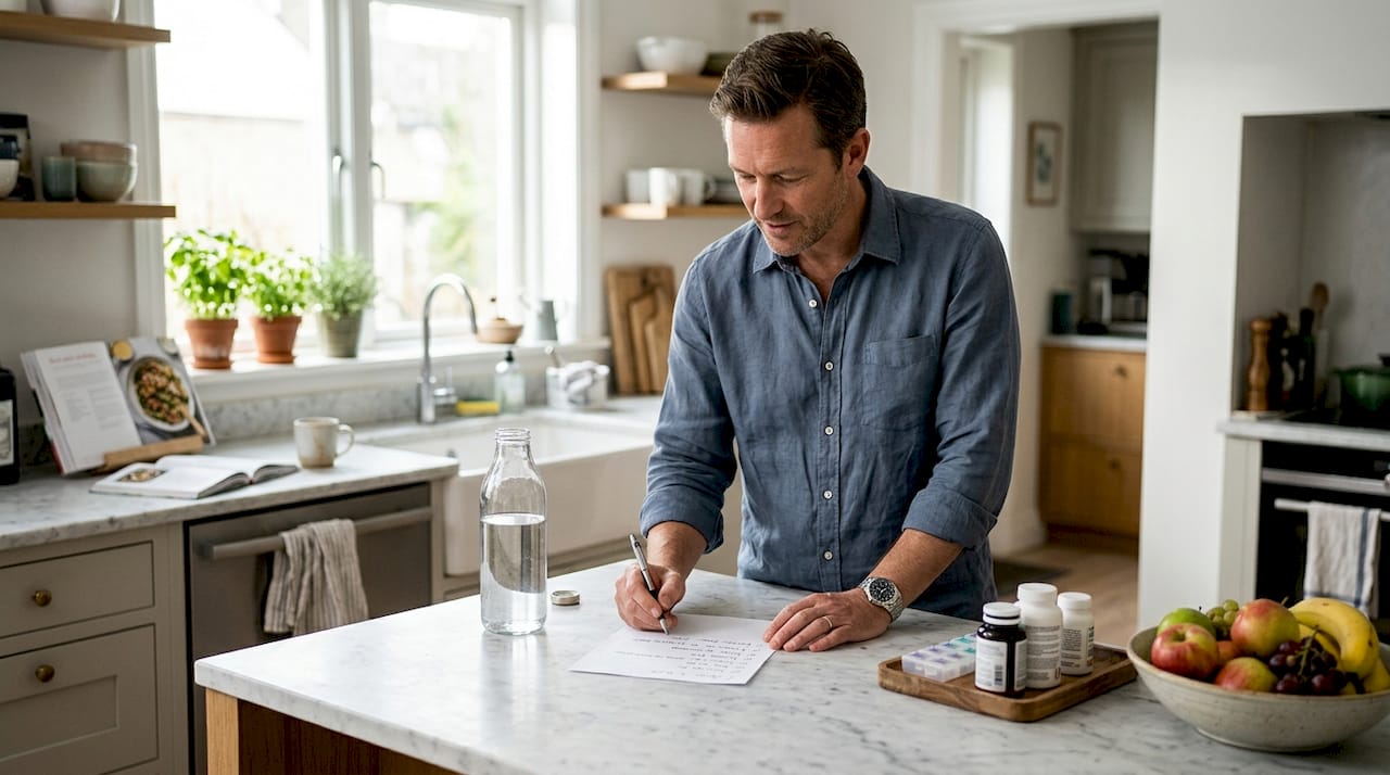 Man preparing wellness supplies at kitchen counter