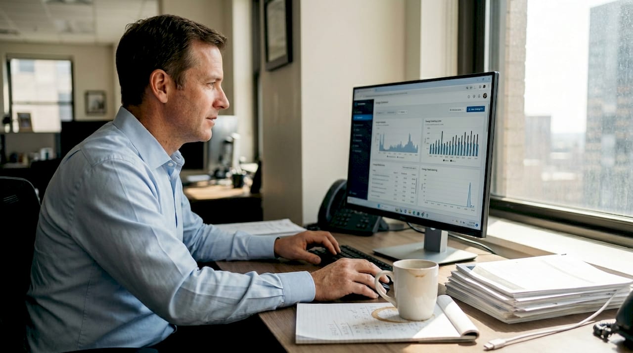Man analyzing energy tracking data at desk