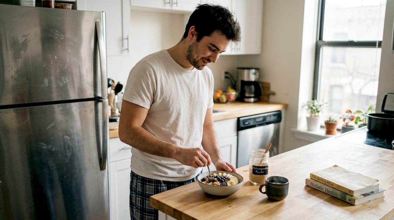 Man makes healthy breakfast with Ayurvedic herbs