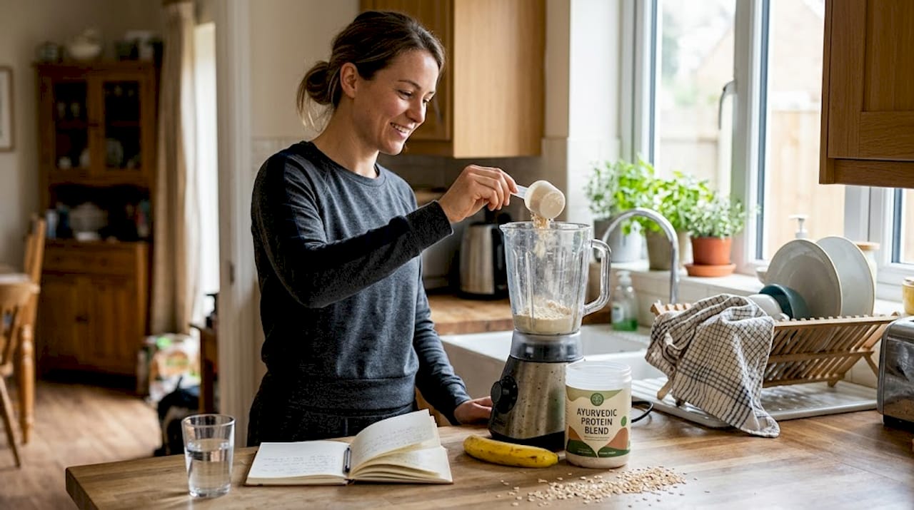 Woman adding Ayurvedic protein powder in kitchen