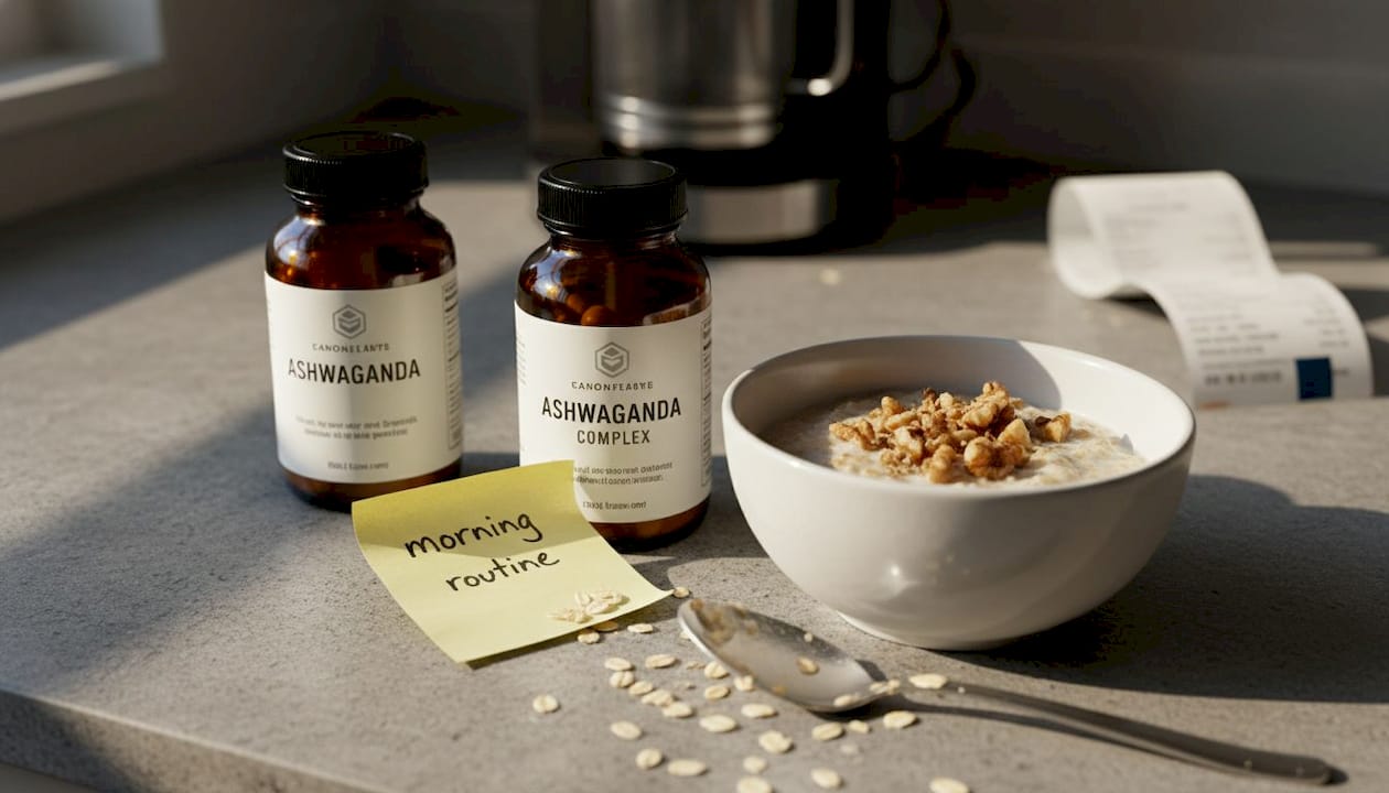 Ashwagandha supplement bottle on realistic kitchen counter