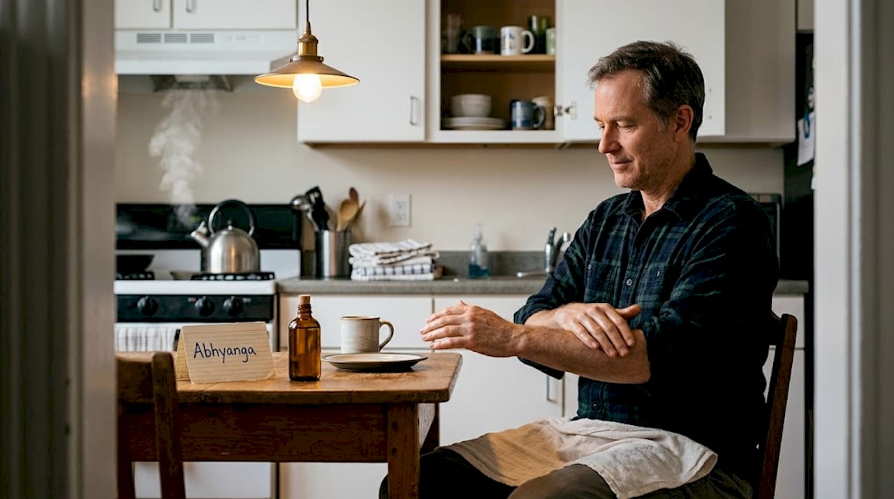 Man applies Ayurvedic oil as evening self care