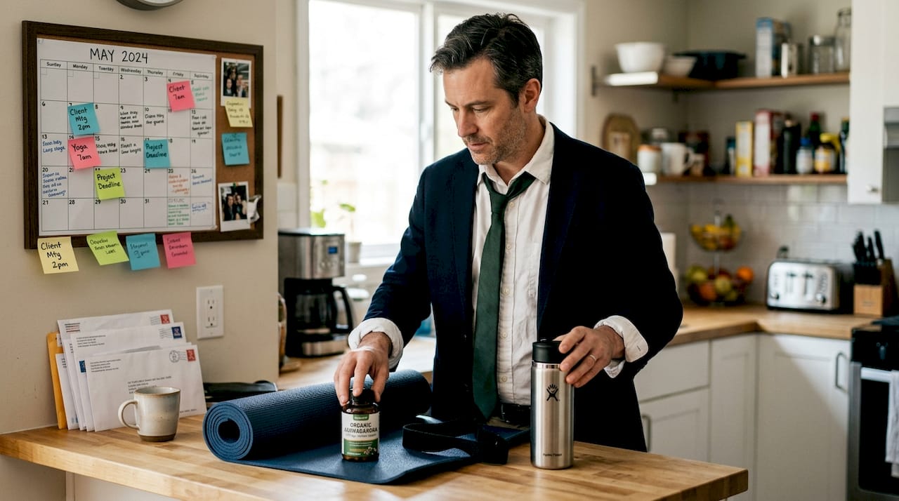 Man organizing personal wellness tools in kitchen