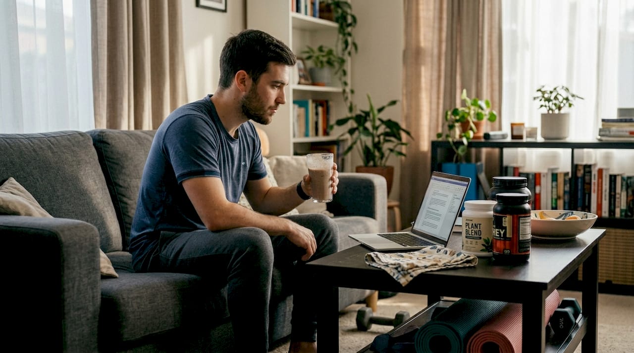 Man comparing plant and whey protein supplements