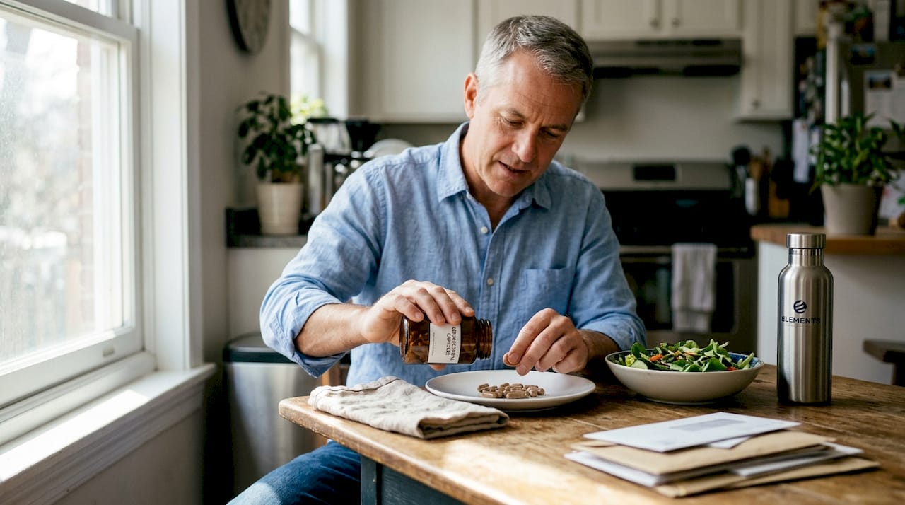 Man prepares herbal supplements in kitchen