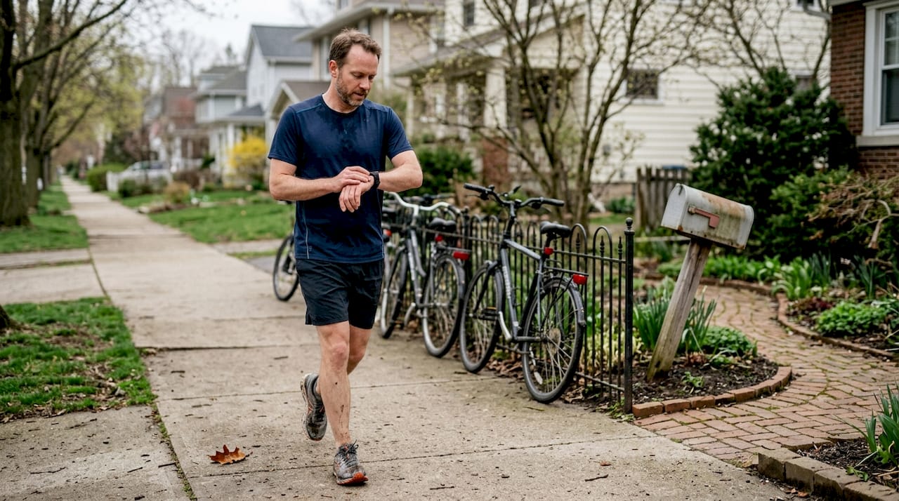 Man jogging checks fitness watch outdoors
