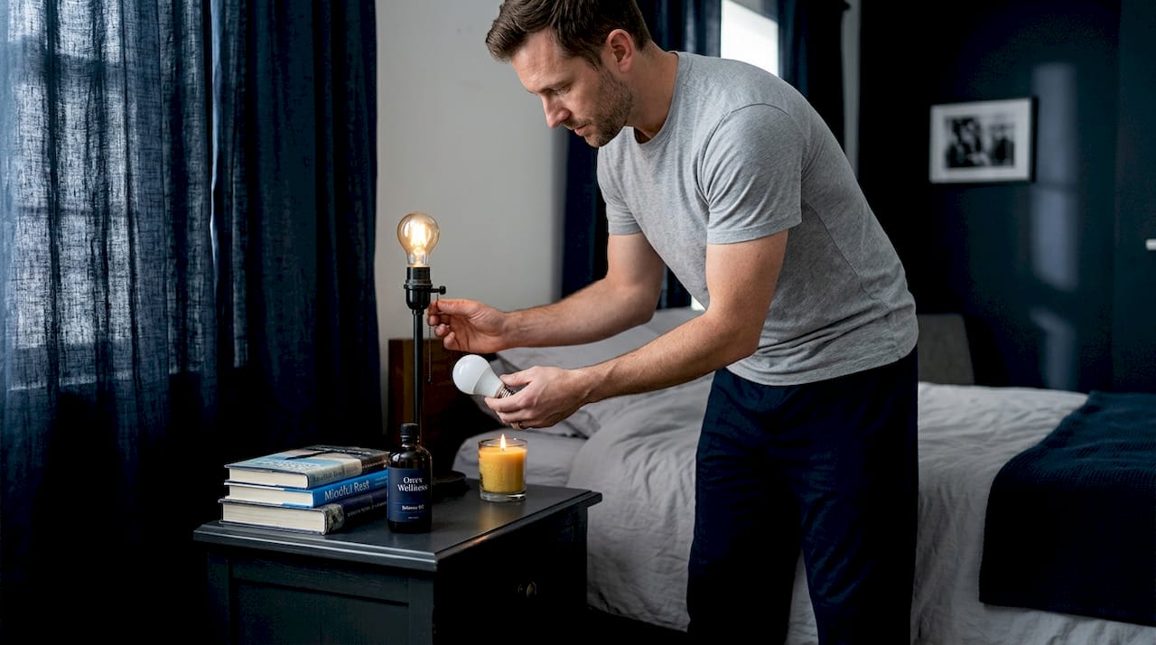 Man adjusting lighting for calm bedroom