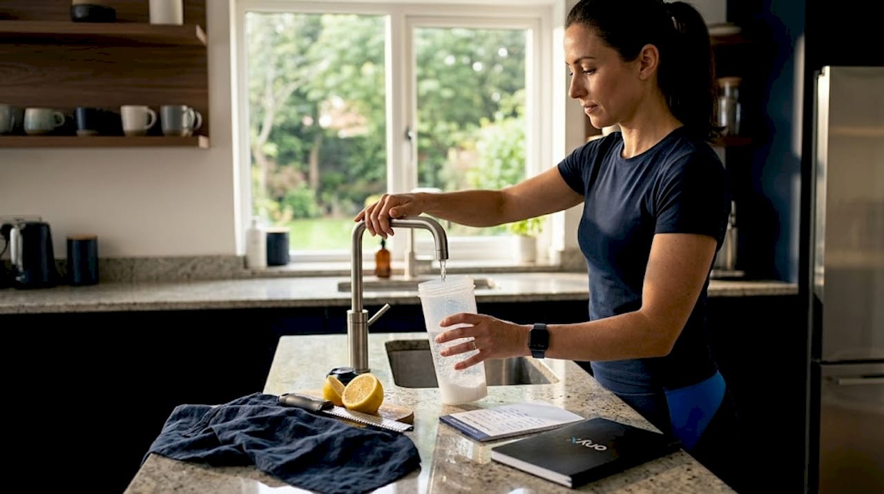 Woman preparing creatine drink in kitchen
