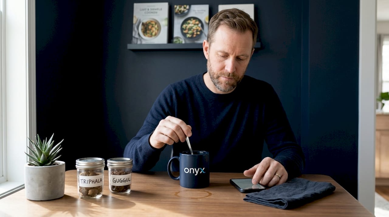 Man mixing Ayurvedic herbs into water