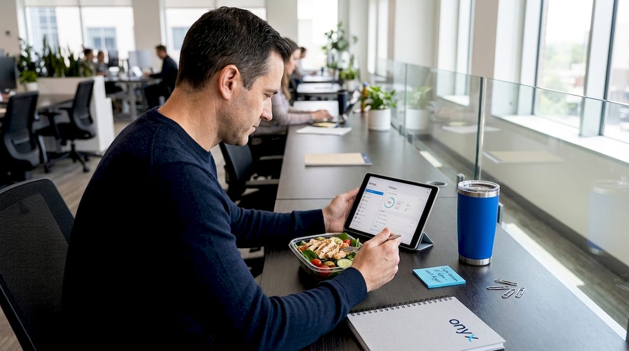 Man eats healthy lunch at office desk